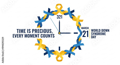 World down syndrome day awareness clock with blue and yellow ribbons on white background