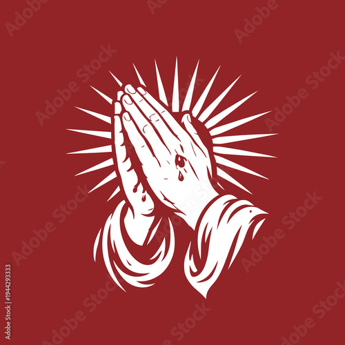 Bilde på lerret A simple vector image of the hands of Jesus Christ praying with details of rays of light and piety for t-shirts