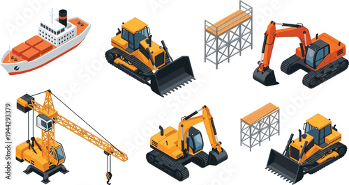 Isometric construction machinery vehicles set including excavator bulldozer tower crane cargo ship steel structure building equipment vector illustration