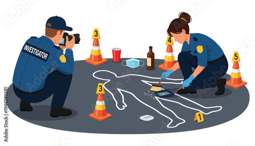Crime scene investigator and police officer collecting evidence on the ground
