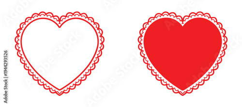 Two red heart shapes with elegant scalloped lace borders, outlined and solid versions
