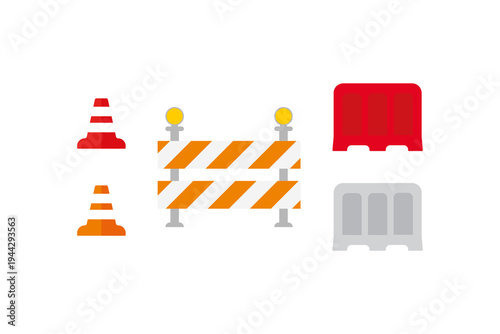 Road construction barrier and traffic cone safety icons set