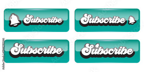 Subscribe button set with notification bell. Glossy turquoise subscribe retro labels for video channel and social media. 3D web elements for internet broadcast and followers isolated on white. Vector
