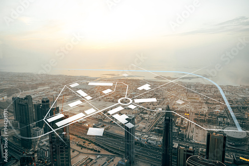 City view with urban layout plan above skyscrapers at sunset in a modern metropolis
