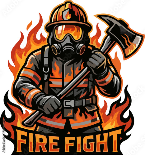 Firefighter Mascot Logo with Axe and Flames - Fire Fight Esports Vector Illustration