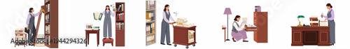 Set of illustrations depicting women working as archivists and librarians, managing documents, files, and books in a professional office or library environment.