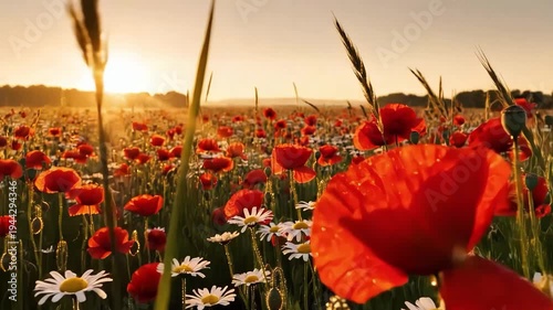 Red poppies and white daisies field at sunset with tall green stems