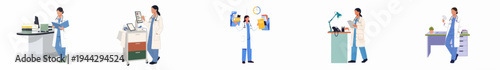 Set of flat vector illustrations featuring a professional female doctor performing various tasks in hospital and office environments.