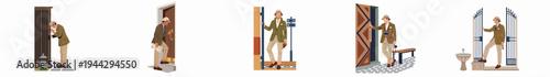 A series of illustrations of a man in vintage explorer attire embarking on various urban and architectural adventures.