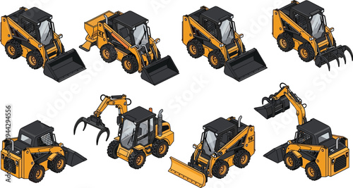 Isometric skid steer loader construction machines set with bucket grapple snow blade attachments heavy equipment vector illustration