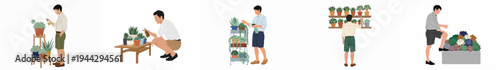 Flat illustration set of a man caring for various succulents in different pots, watering and spraying indoor plants on white background.