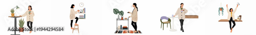 Flat vector illustration collection of a woman working from home in various poses, including at a standing desk and relaxing with coffee.