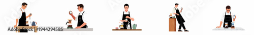 A collection of illustrations featuring a professional male barista timing the pour-over coffee brewing process with a stopwatch in different poses.