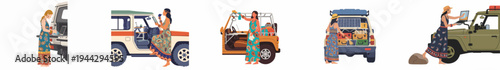 Set of illustrations depicting a bohemian woman traveling and working with her off-road vehicles, embracing the digital nomad and overlanding lifestyle.