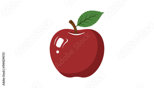 A vibrant red apple illustration with a green leaf on a white background