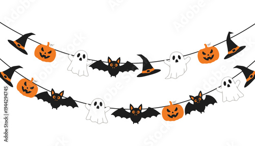 Halloween decoration with pumpkin ghosts and bats on a string