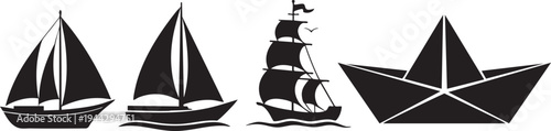 Vibrant, minimalist black sailboat silhouettes sleek sloop, elegant yacht, majestic tall ship, playful origami perfect for nautical vibes, summer adventures and trendy marine design. Scalable vector