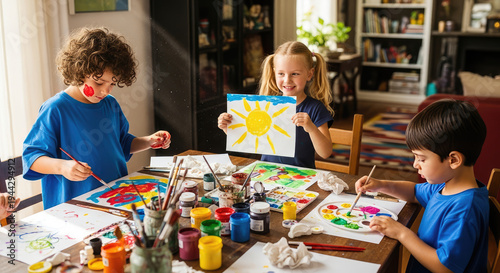 Children engaged in a creative painting activity at a wooden table in a cozy living room