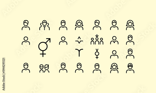 A collection of simplistic black line icons representing diverse people and gender symbols high quality