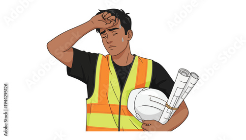 A stressed construction worker holding blueprints and a hard hat