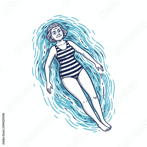 Vintage style line art graphic of an elderly woman floating in turquoise water. Senior female in a striped swimsuit vector drawing. Isolated on white background