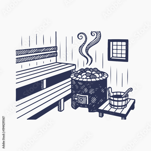 Vintage line art vector graphic of a Finnish sauna interior. Retro spa and wellness concept with stove and steam. Flat design drawing
