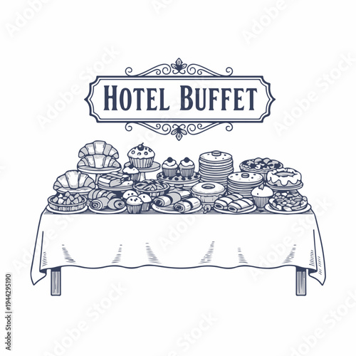 Vintage style hotel buffet line art graphic. Assorted pastries and desserts on a table. Hand drawn vector design isolated on white