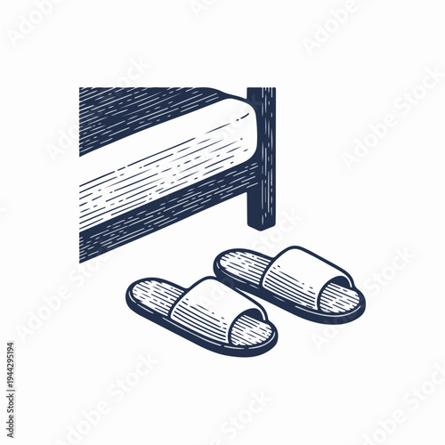 Vintage style hotel slippers beside bed vector graphic. Hand drawn line art of guest room amenities. Isolated design element