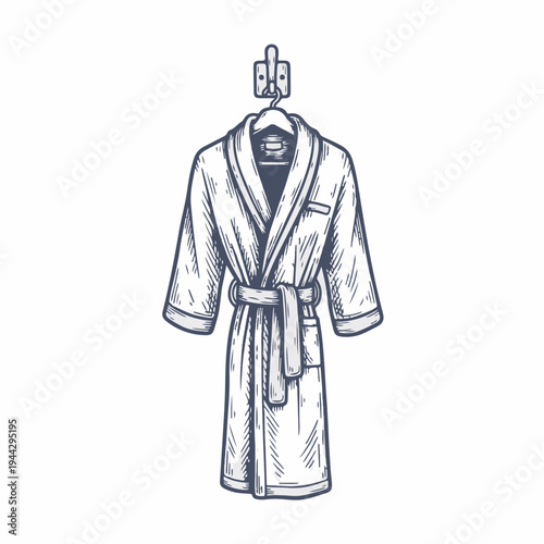 Vintage style hotel bathrobe vector graphic. Hand drawn line art of spa robe hanging on wall hook. Isolated design element