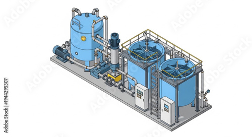 Industrial water treatment plant with tanks and pipes for purification and recycling processes.