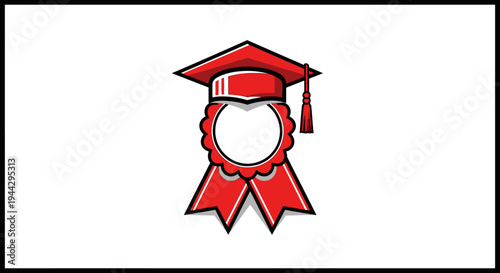 Red Graduation Cap with Award Ribbon Logo Illustration