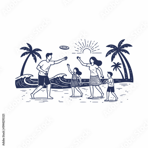 Vintage style line art vector graphic of a family playing frisbee on the beach. Tropical summer vacation concept. Hand drawn design