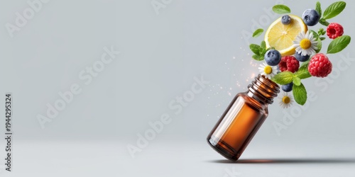Concept of natural food supplements with fresh berries coming out of an amber medicine bottle. Copy space.