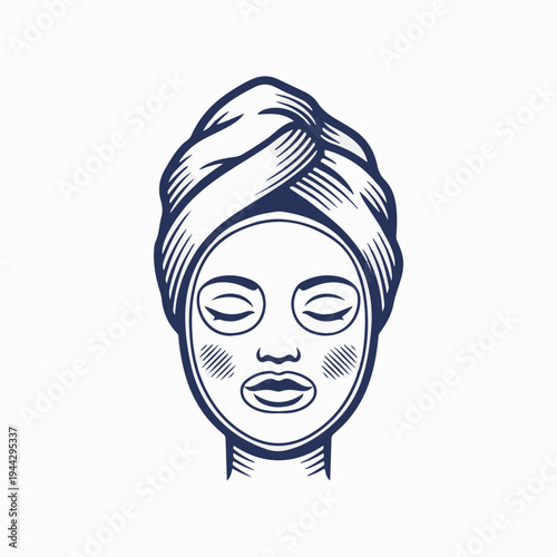 Woman with towel turban and facial sheet mask. Vintage line art vector graphic. Skincare and spa treatment concept isolated on white. Beauty routine drawing