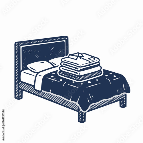 Vintage style line art vector graphic of folded laundry on a bed. Hand drawn bedroom furniture design. Isolated on white background