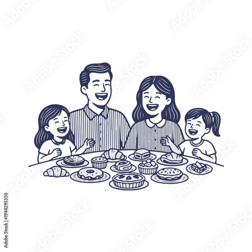 Happy family laughing at a table with pastries. Vintage line art vector graphic. Parents and children enjoying breakfast with donuts and croissants isolated on white