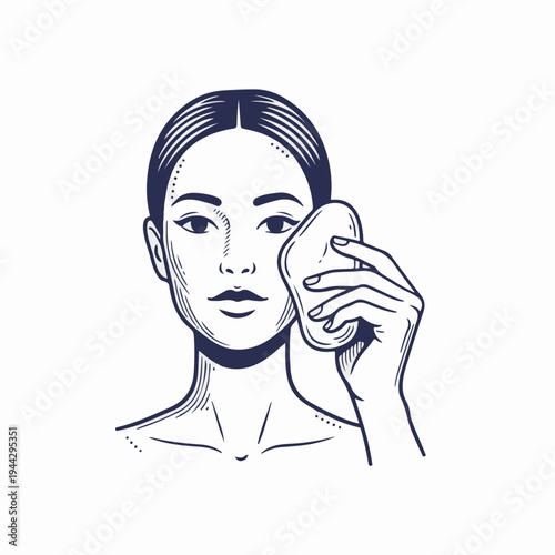 Woman performing facial massage with stone tool. Vintage line art vector graphic. Skincare and wellness concept isolated on white. Gua sha beauty treatment drawing