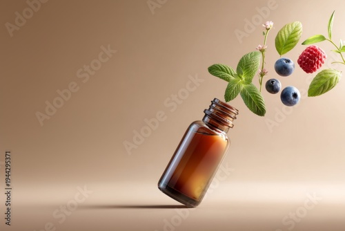 Concept of natural food supplements with fresh berries coming out of an amber medicine bottle. Copy space.