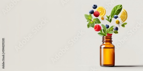 Concept of natural food supplements with fresh berries coming out of an amber medicine bottle. Copy space.