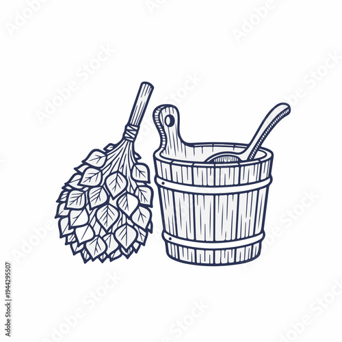 Vintage sauna bucket and birch broom vector. Retro line art graphic of spa accessories. Traditional banya and wellness concept