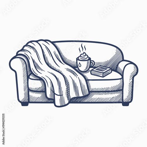 Vintage sofa with blanket and hot cocoa mug vector. Retro line art graphic of cozy living room scene. Home comfort and relaxation concept