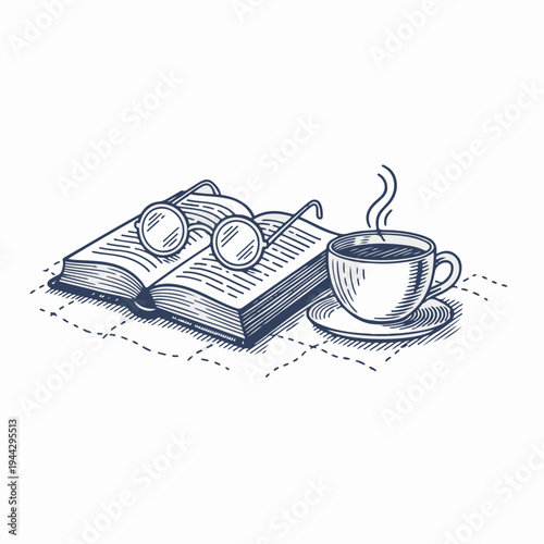 Vintage line art vector of book glasses and tea cup on bed. Retro woodcut style graphic. Cozy reading and relaxation concept