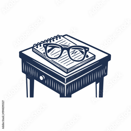 Vintage bedside table with notebook and glasses vector. Retro line art graphic of nightstand. Reading and writing concept