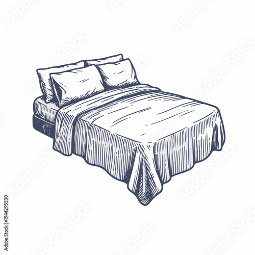 Vintage bed with plush pillows and linen sheets. Line art vector drawing of soft bedding. Classic engraving style bedroom textile graphic isolated on white