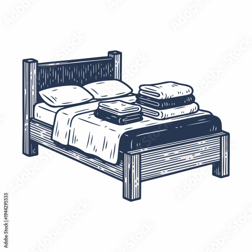 Vintage wooden bed with folded laundry. Line art vector drawing of bedroom furniture and clean linens. Housework and organization concept graphic isolated on white