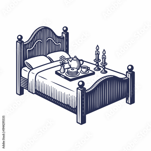 Vintage bed with breakfast tray and candles. Line art vector drawing of luxury bedroom scene. Romantic morning and hospitality concept graphic isolated on white