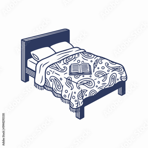 Vintage bed with paisley throw and open journal. Line art vector drawing of bedroom with book. Reading and writing concept graphic isolated on white