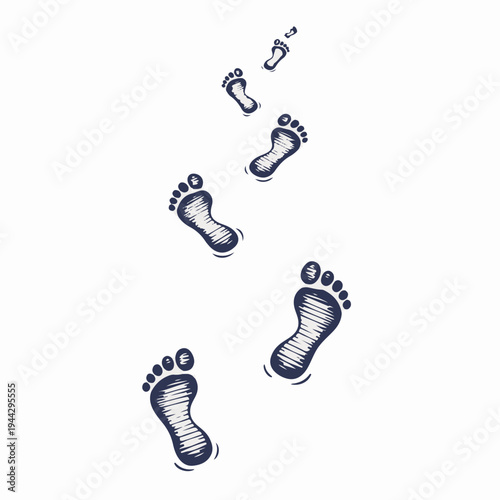 Barefoot footprints on sandy trail vector. Vintage hand drawn walking path graphic. Retro line art of human steps isolated on white
