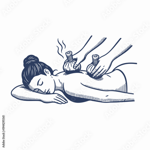 Back massage with herbal compress balls. Vintage engraving style vector graphic. Traditional spa treatment and wellness concept. Isolated line art drawing
