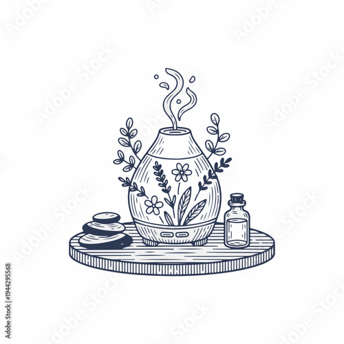 Aromatherapy diffuser with zen stones and essential oil. Vintage engraving vector graphic. Natural wellness and relaxation concept. Isolated line art drawing